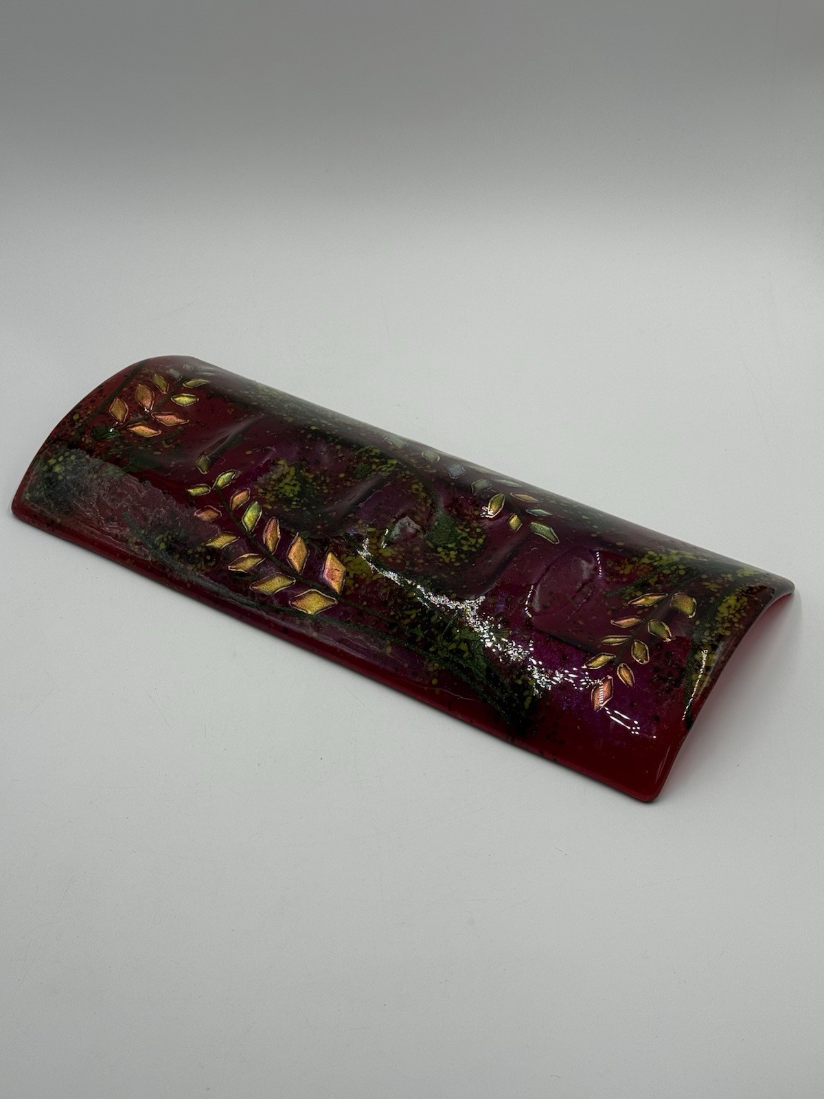 Fused Art Glass Red Green With Iridescent Leaves Rectangle Curved Decor Signed