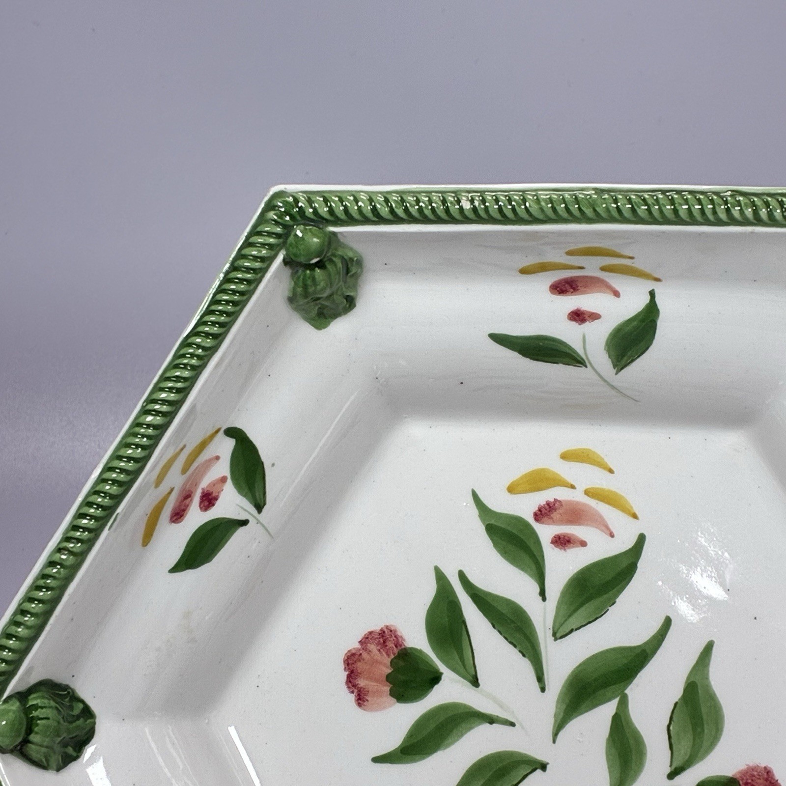 Vintage Italian 10” Pedestal Compote By Nora Fenton Floral Ceramic Hexagon