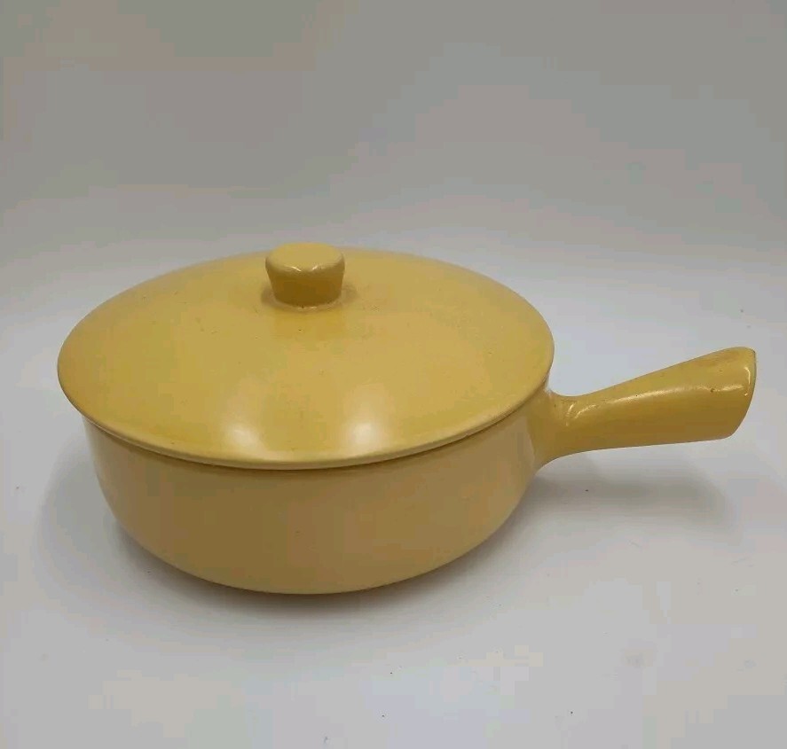 Vintage La Solana Yellow Pottery Stoneware Ceramic Covered Casserole Pan 7.25″