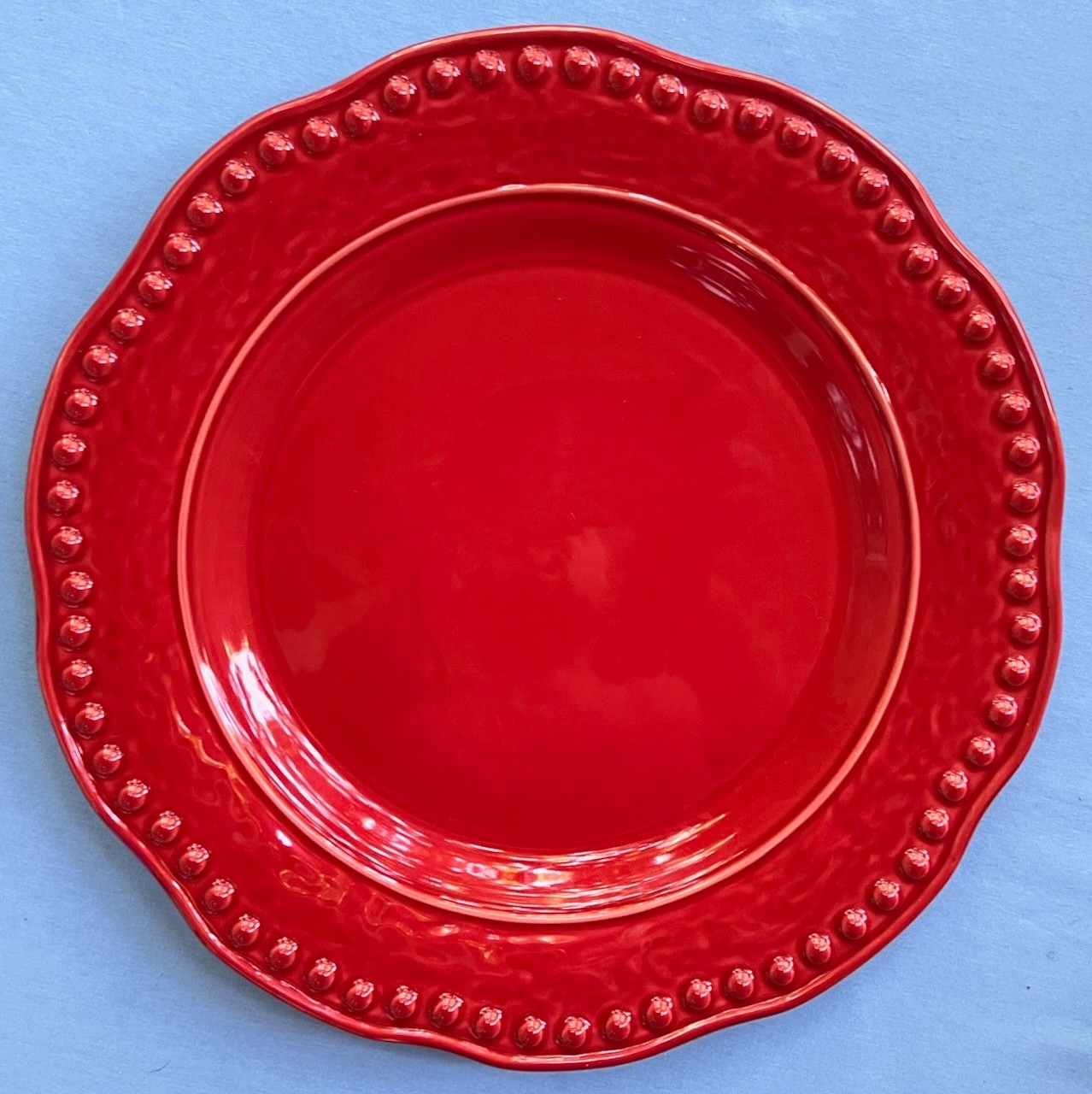 Set of FOUR Fapor Rustic Dots 11 3/4 Inch Red Dinner Plates Portugal