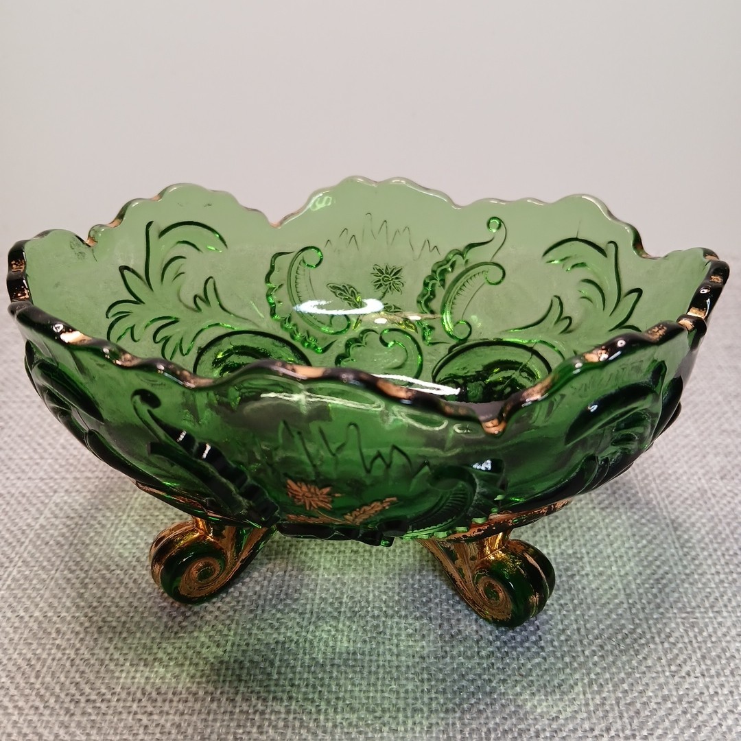 Antique Northwood EAPG Louis XV Emerald Green with Gold Gild Berry Bowl