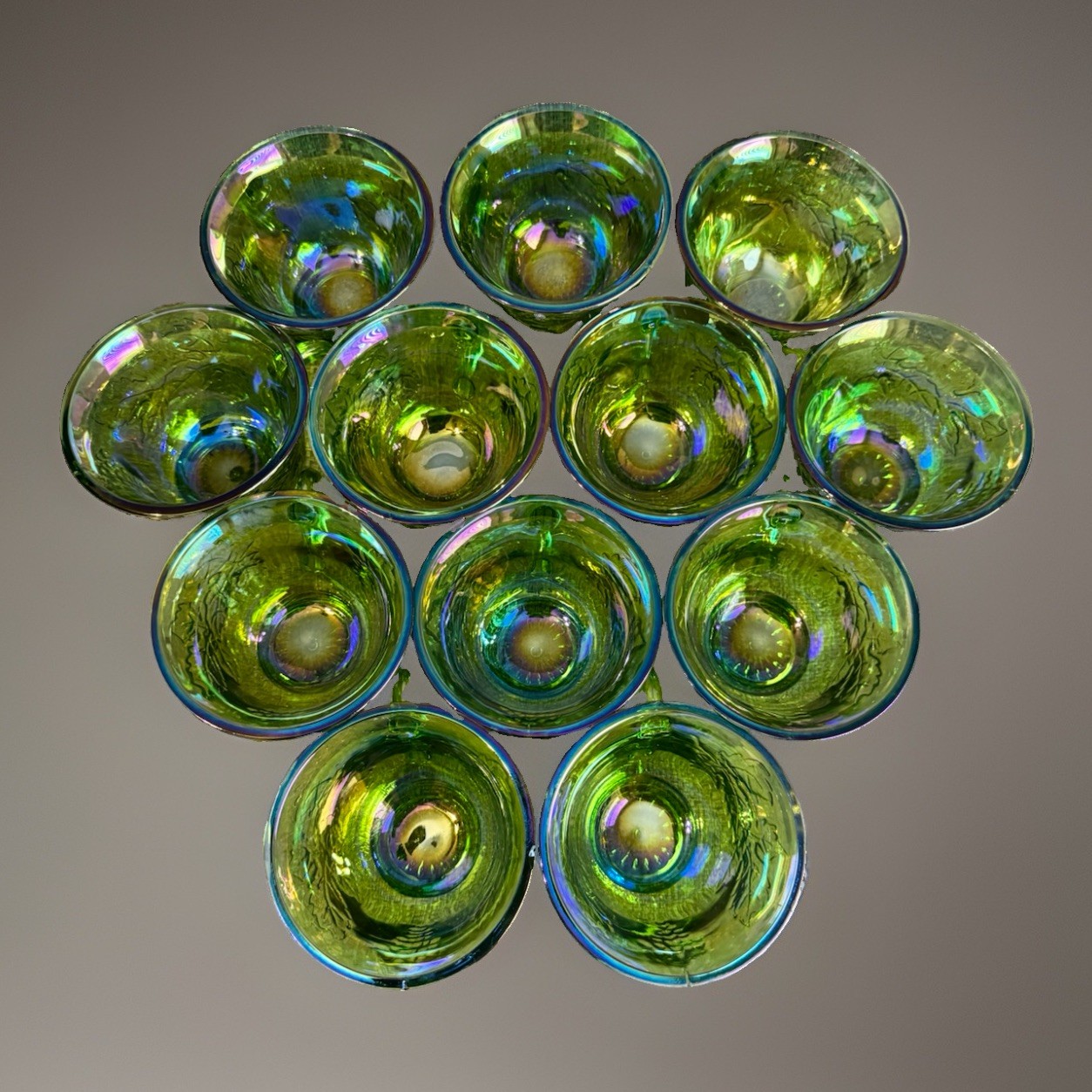 Vintage Indiana Glass Green Carnival Harvest Grape Punch Bowl 12 Cups 9 Hooks