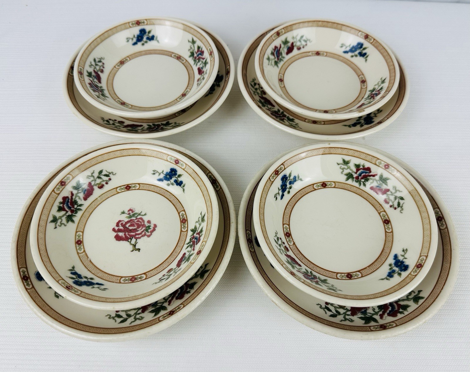 VTG Old Ivory Syracuse China 8pc Saucer Plates Berry Bowls Floral Greek Key Trim