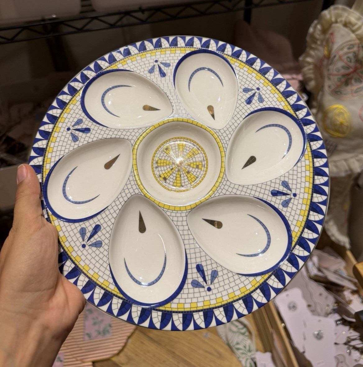 Round Ceramic Platter 7-Compartment Divided Geometric Blue White Yellow