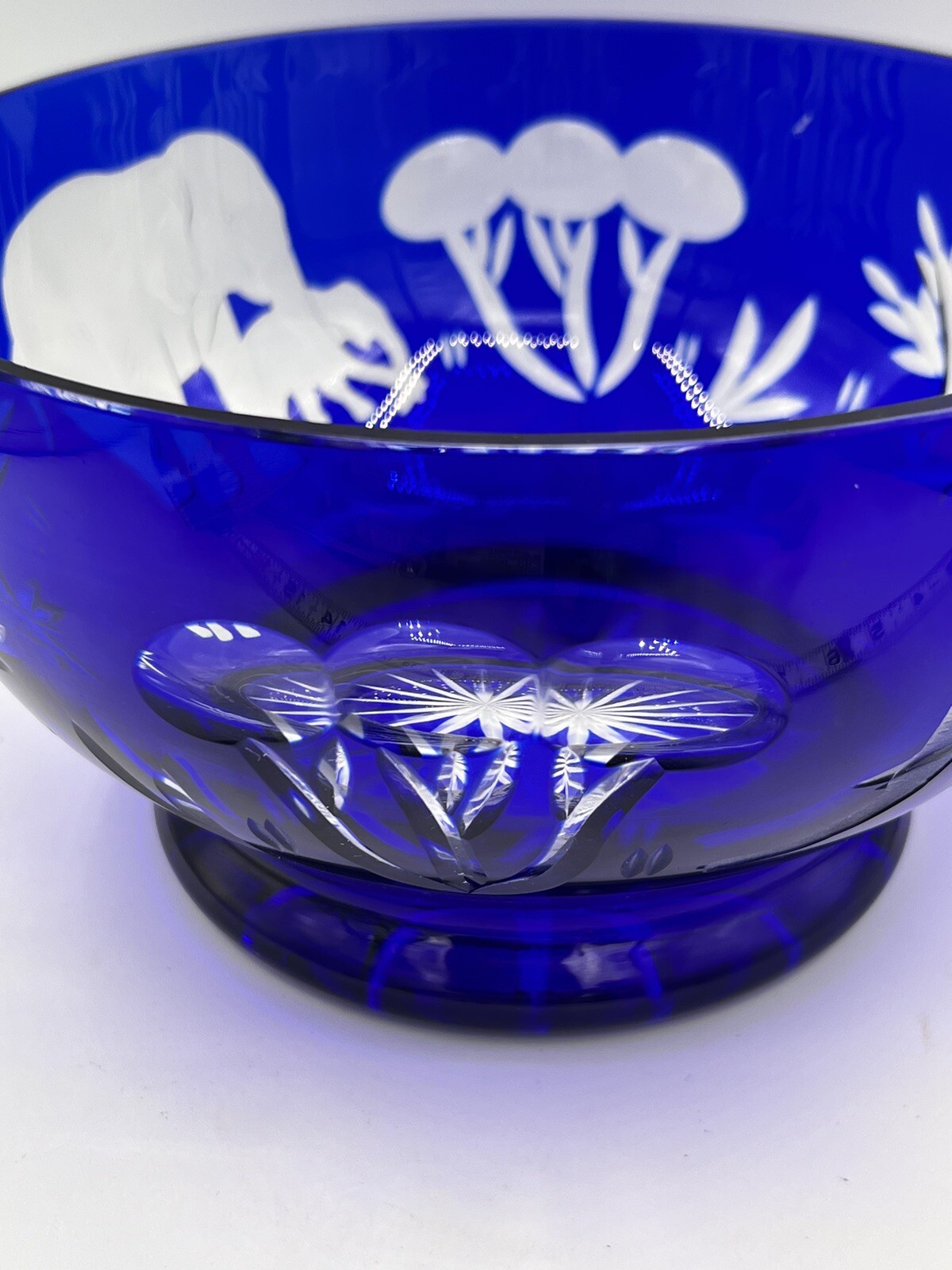 Bohemian Czech Cobalt Blue Cut to Clear Etched Elephants Glass Bowl Cameo Style