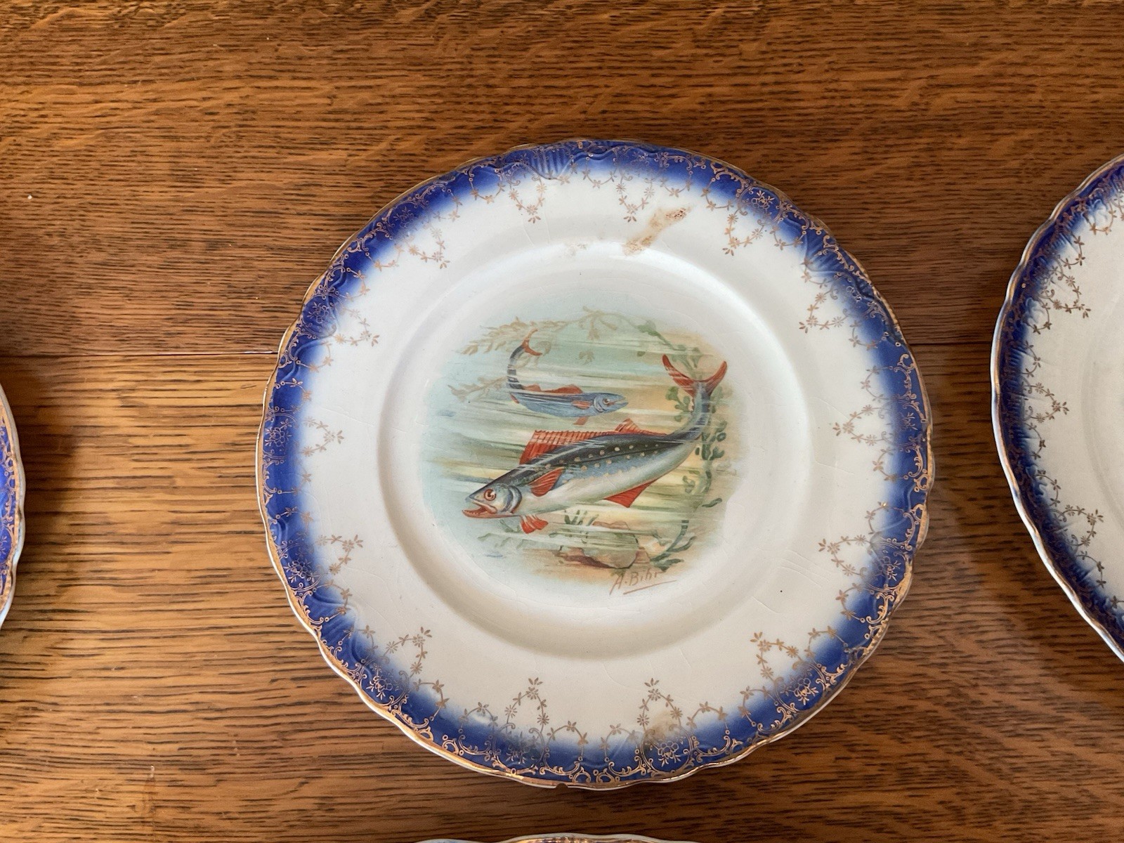 Antique Fish Serving Set, 7 Pc. Gold Rim Flow Blue Feathered Edge
