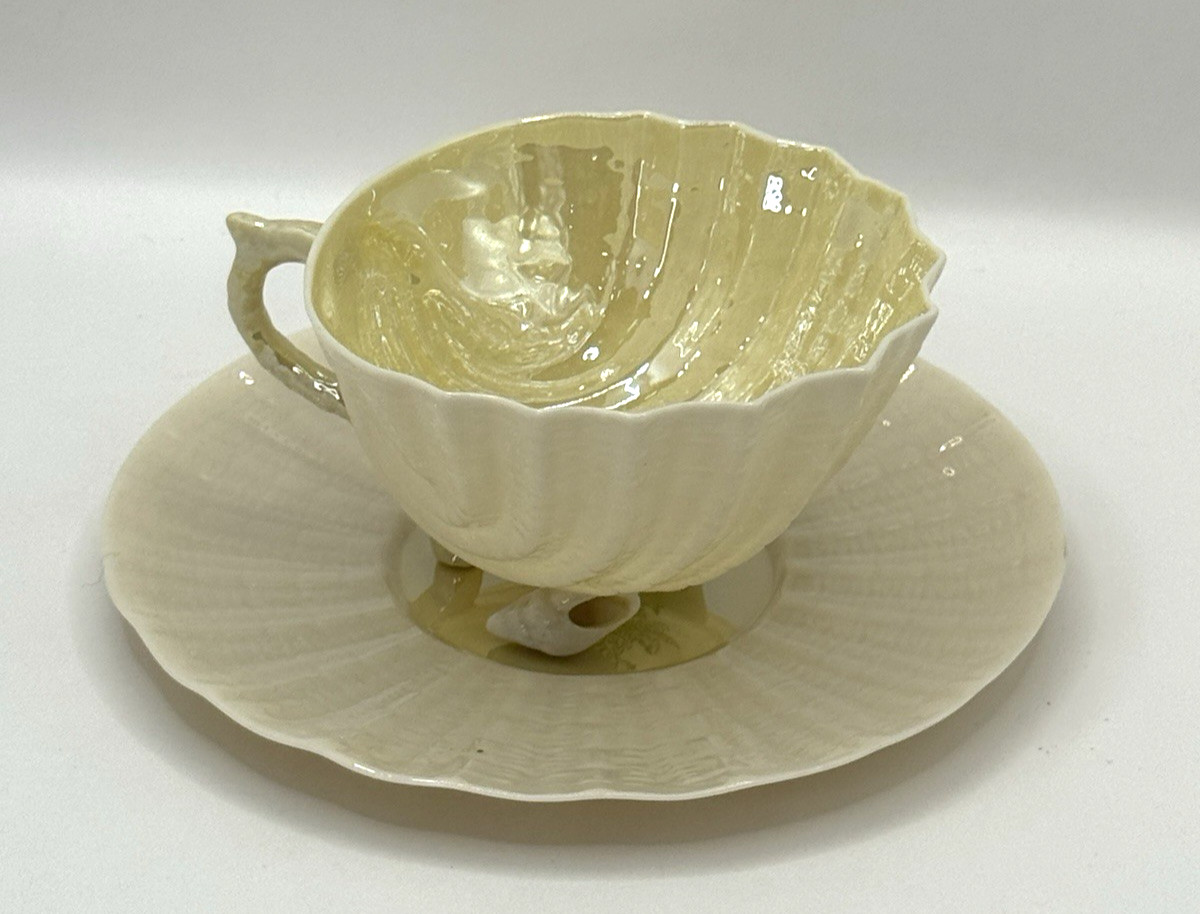 Belleek Neptune Shell Footed Cup and Saucer Yellow Ireland ~ Green Mark