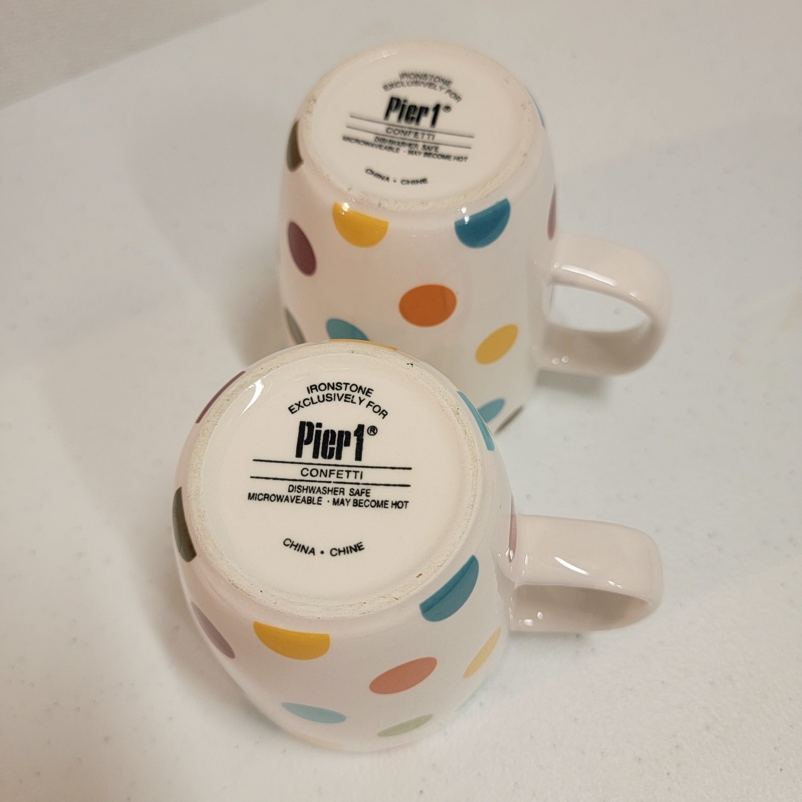 Lot Of 4 PIER 1 CONFETTI Coffee Mugs 4.5″ Tall Ironstone Cups 4 1/2″ Polka Dots