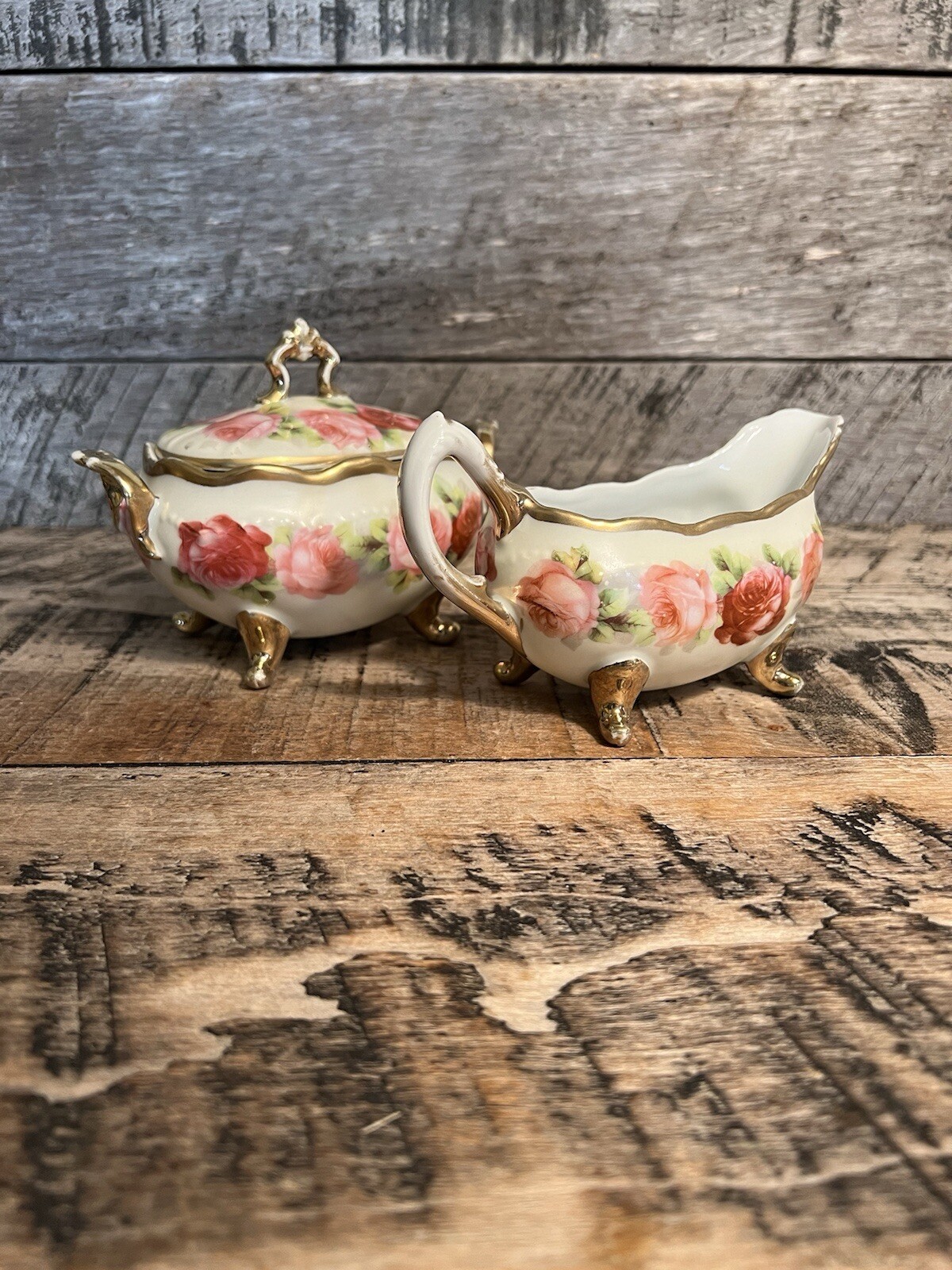 Ceramic Rose Creamer And Sugar Bowl Set By Old Ivory Germany