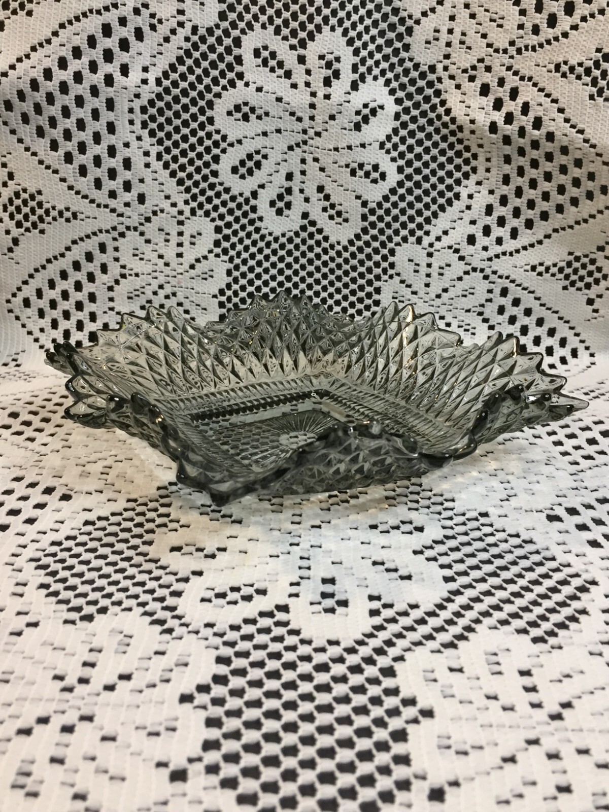 Light Gray Clear Glass Candy Bowl Square Serving Dish with Pointy Edges Vintage