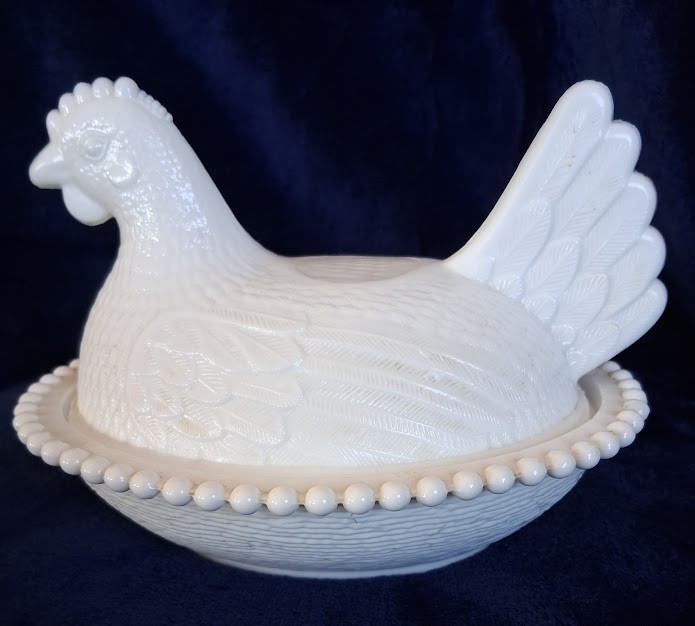 Indiana White Milk Glass Hen On Nest With Slotted Beading On Base