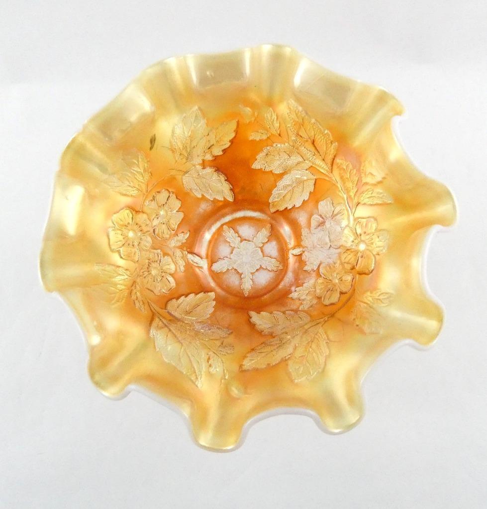 Vintage Dugan Dogwood Sprays Marigold Opalescent Carnival Glass Footed Bowl