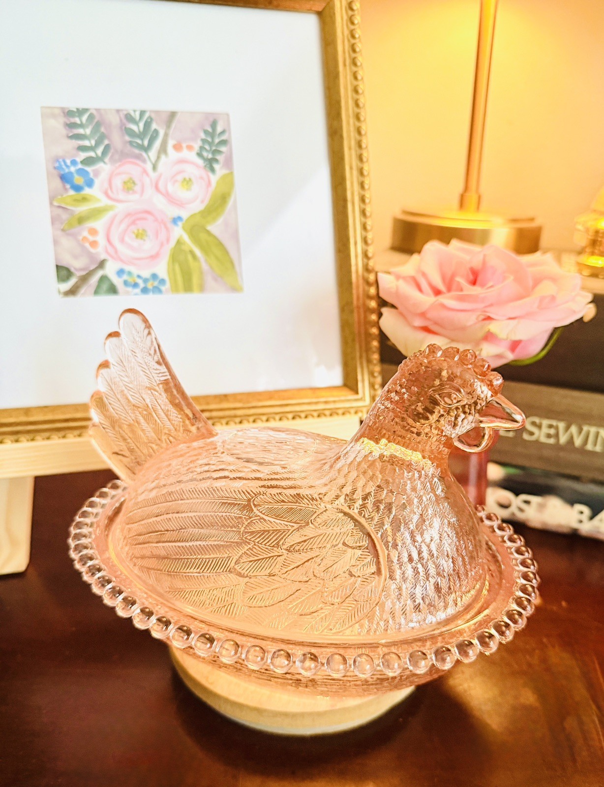 Vintage Indiana Glass Pink Hen On Nest Covered Dish 7” Dusty Rose Candy Dish