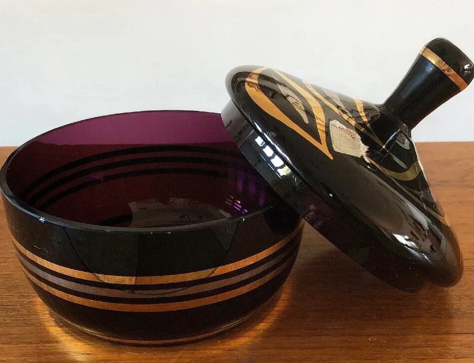 Vintage 1950s Bohemia Czech Purple Amethyst Glass Candy Dish W/ Lid Silver Gold