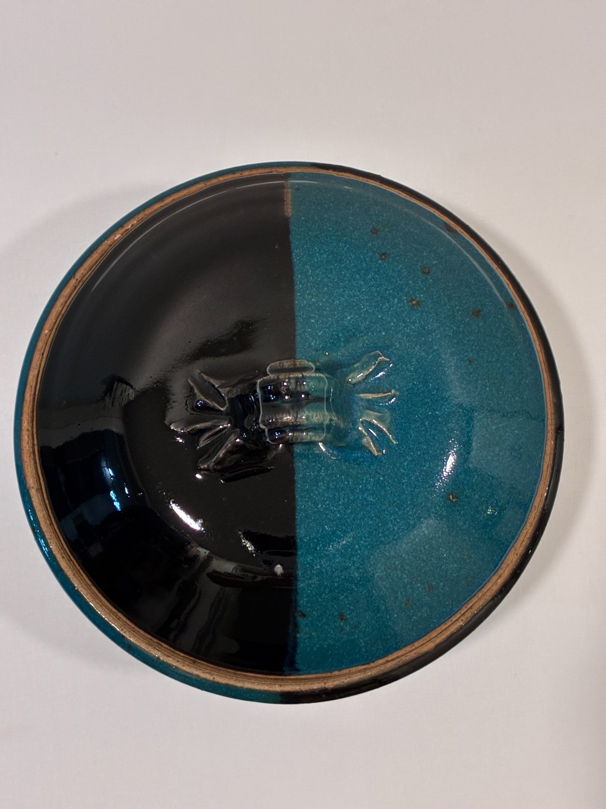 LIDDED POTTERY BOWL Turquoise/Black Handmade Round Color Block Glaze Handle Lid