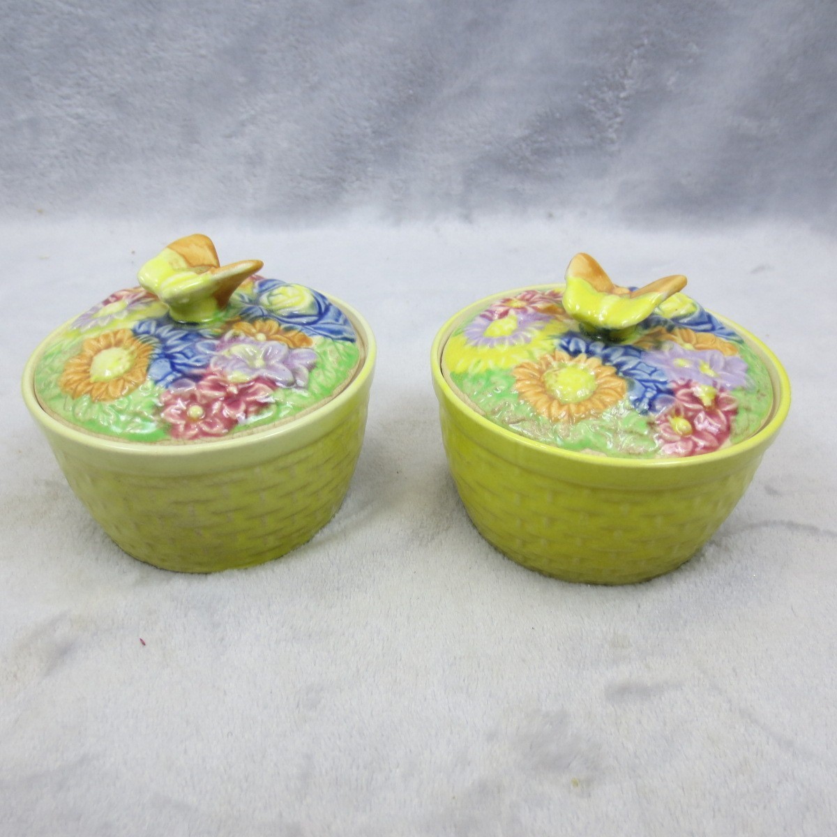 Pair Butterfly Flowers Covered Candy Trinket Dish Japan Majolica Hand Painted