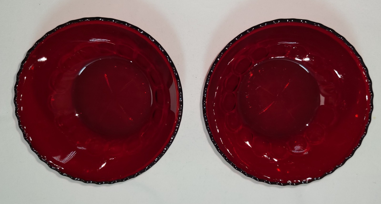 2 Vintage Ruby Red Anchor Hocking Berry Bowls Thumbprint Pattern Ruffled Edge
