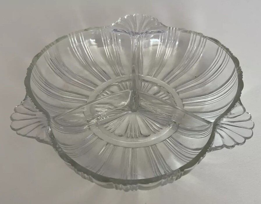 Vtg Fostoria Sunray Pattern #2510 3-Part Clear Relish Candy Dish Server *Cracked