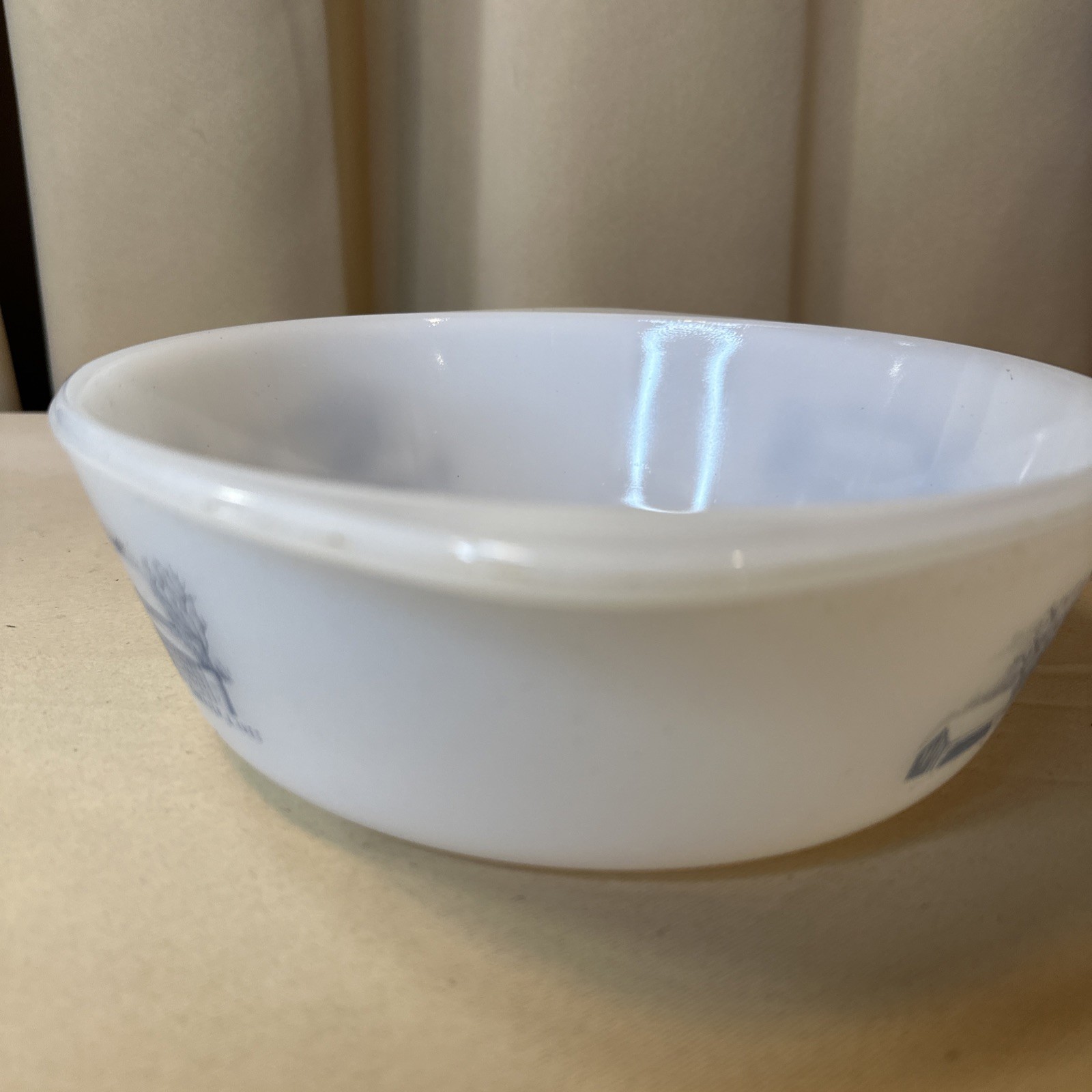 Vintage Glasbake Currier & Ives 2 Qt Casserole Dish Farm Scene Blue White