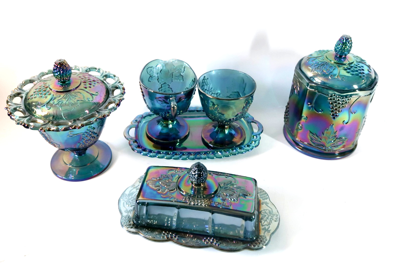 Blue Carnival Glass Grape & Cable 7-Piece Breakfast Serving Set Iridescent