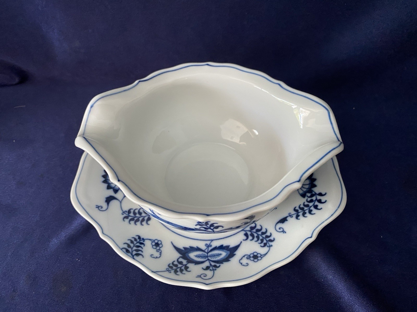 BLUE DANUBE Two Spout Gravy/Sauce Boat Attached Underplate Banner Stamp EUC