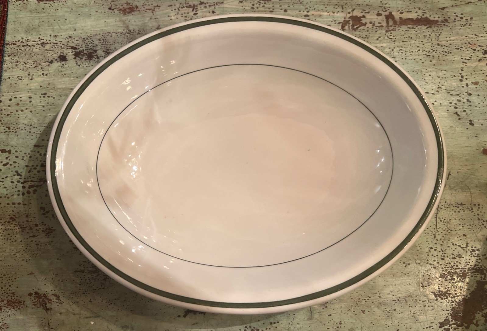 Victory China Restaurant Ware Serving Bowl Oval Green Stripe 7.25×10.5”