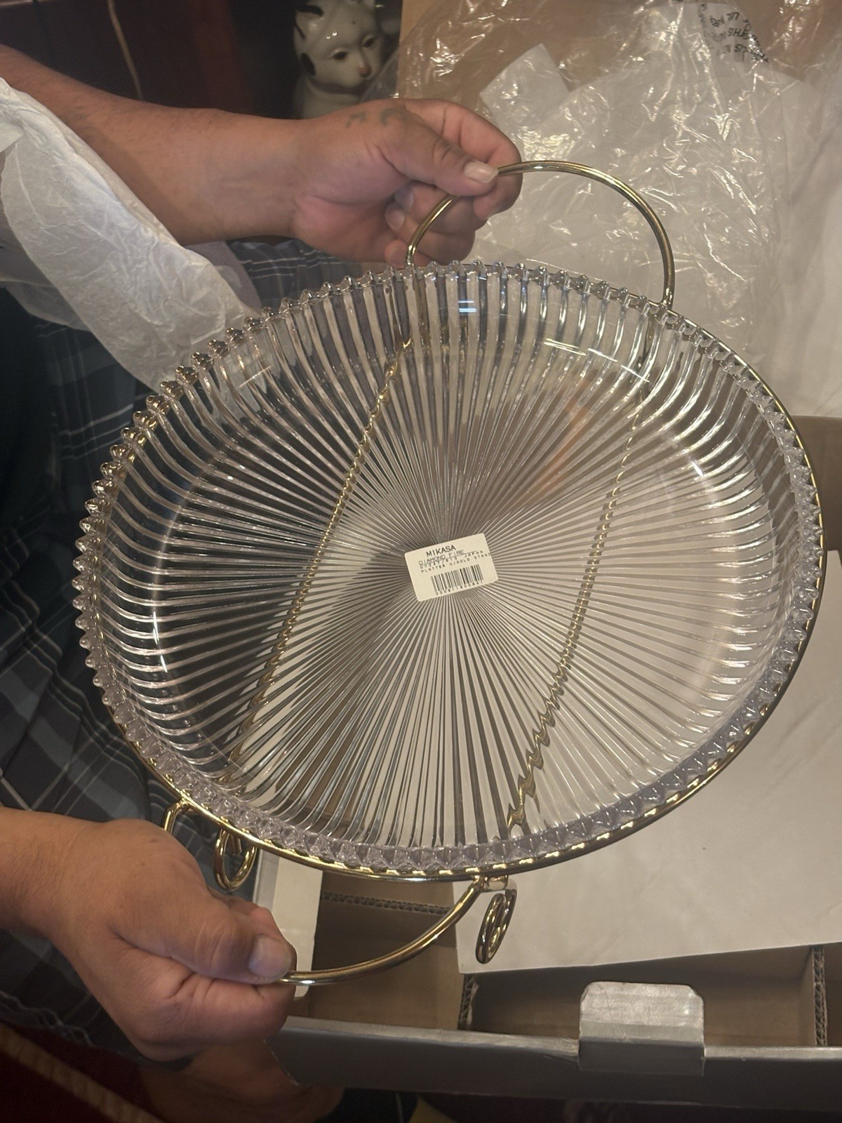 Mikasa Diamond Fire WY247 Round Platter Gold Stand Vintage Crystal Cake Tray New