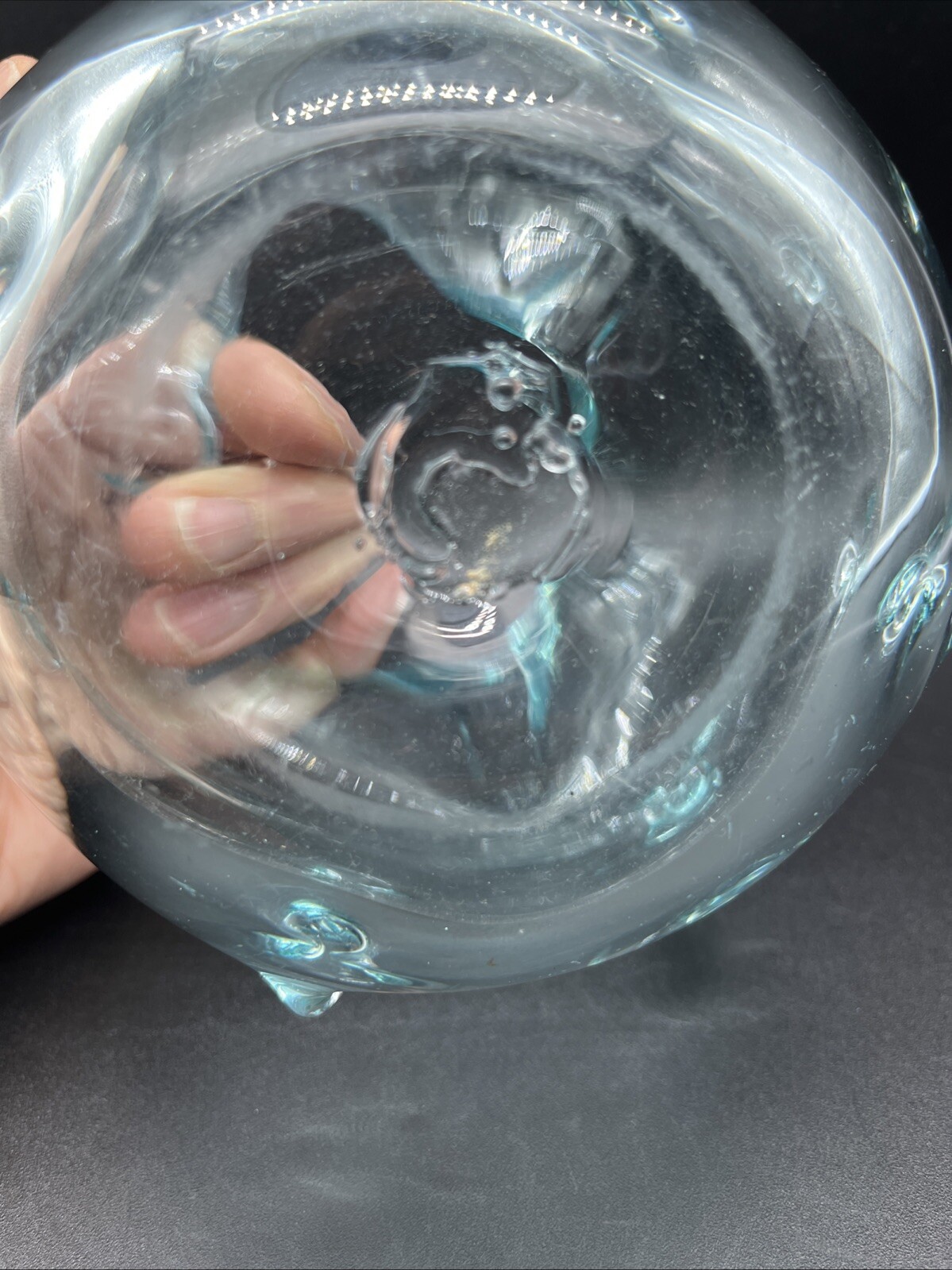 Hand blown Art Glass Bowl Aqua Pinched/Dimpled Sides