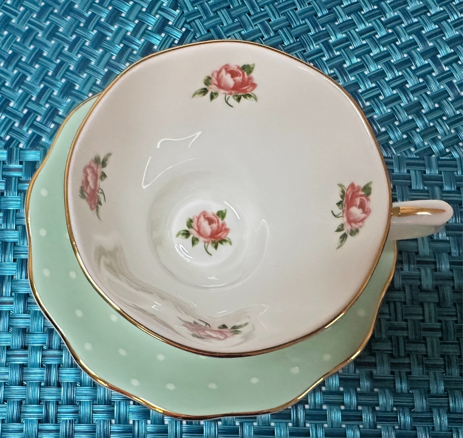 Royal Albert Polka Rose Mint Green Teacup & Saucer Bone China England