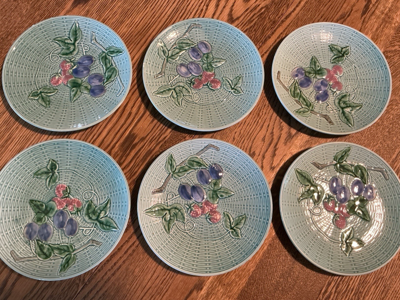 SET Of SIX Majolica Plates Teal Aqua Raspberry Plumb 2230 B Germany Weave 7.75”