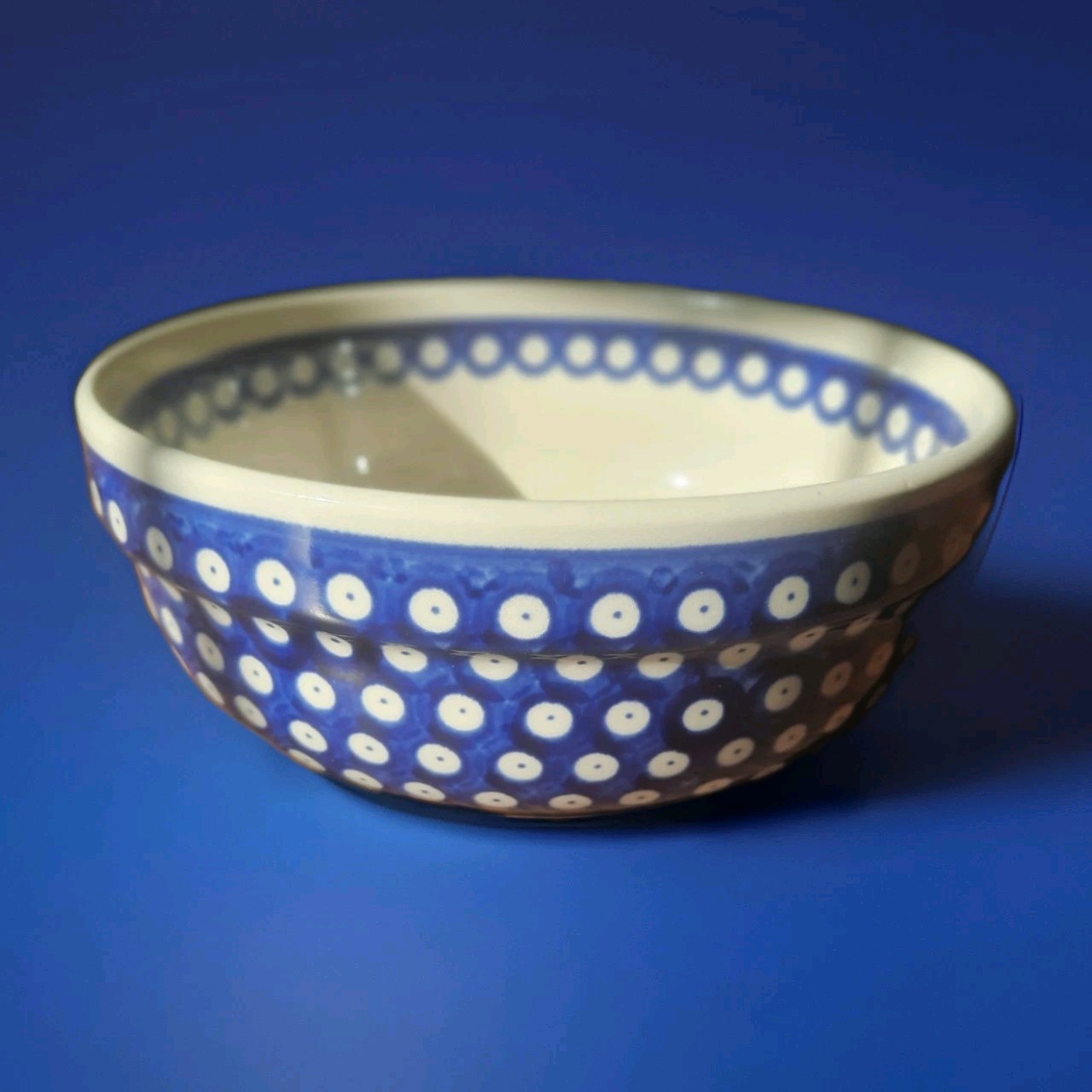 Authentic Boleslawiec Polish Pottery 7.75″ Serving Bowl Blue Eyes Polka Dot…