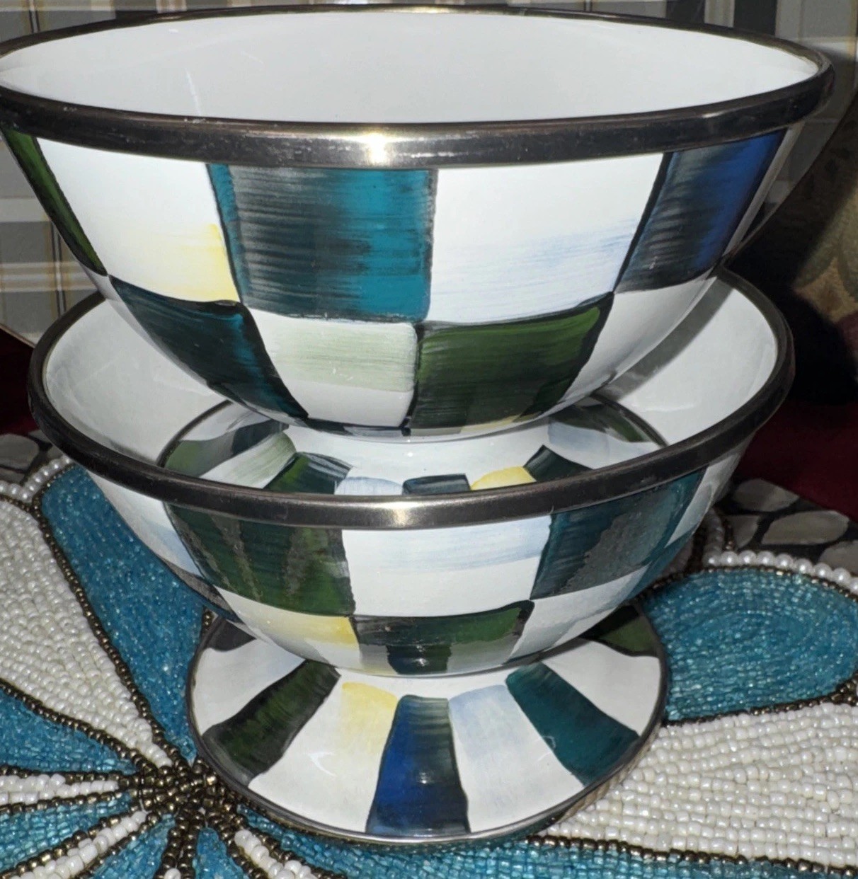 MacKenzie Childs Courtly Check Enamel Ice Cream Dish New Set Of 2