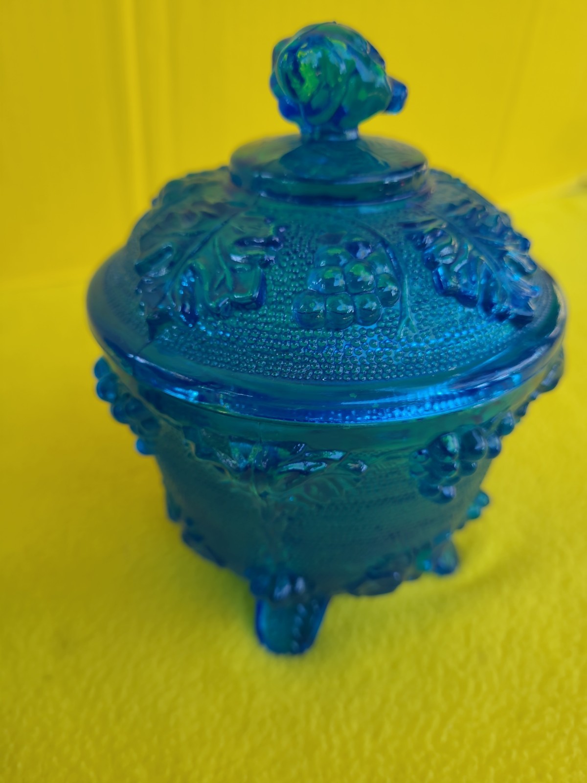 2 VTG 1950s Jeanette Glass Footed Covered Cobalt Blue Candy Dish Grape Leaf MCM