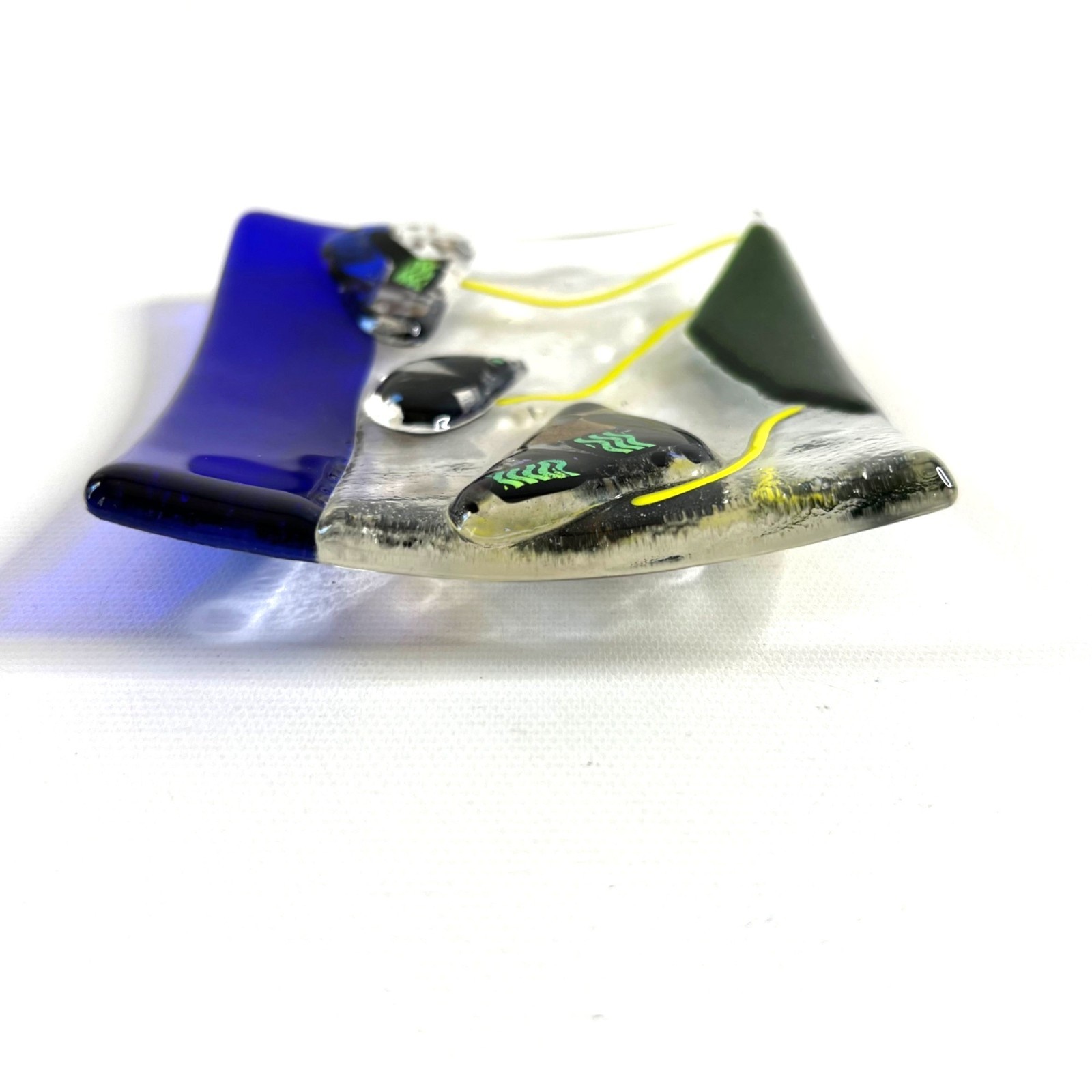 Small Fused Glass Trinket Jewelry Soap Dish Cobalt Black Yellow 4.5×4.5
