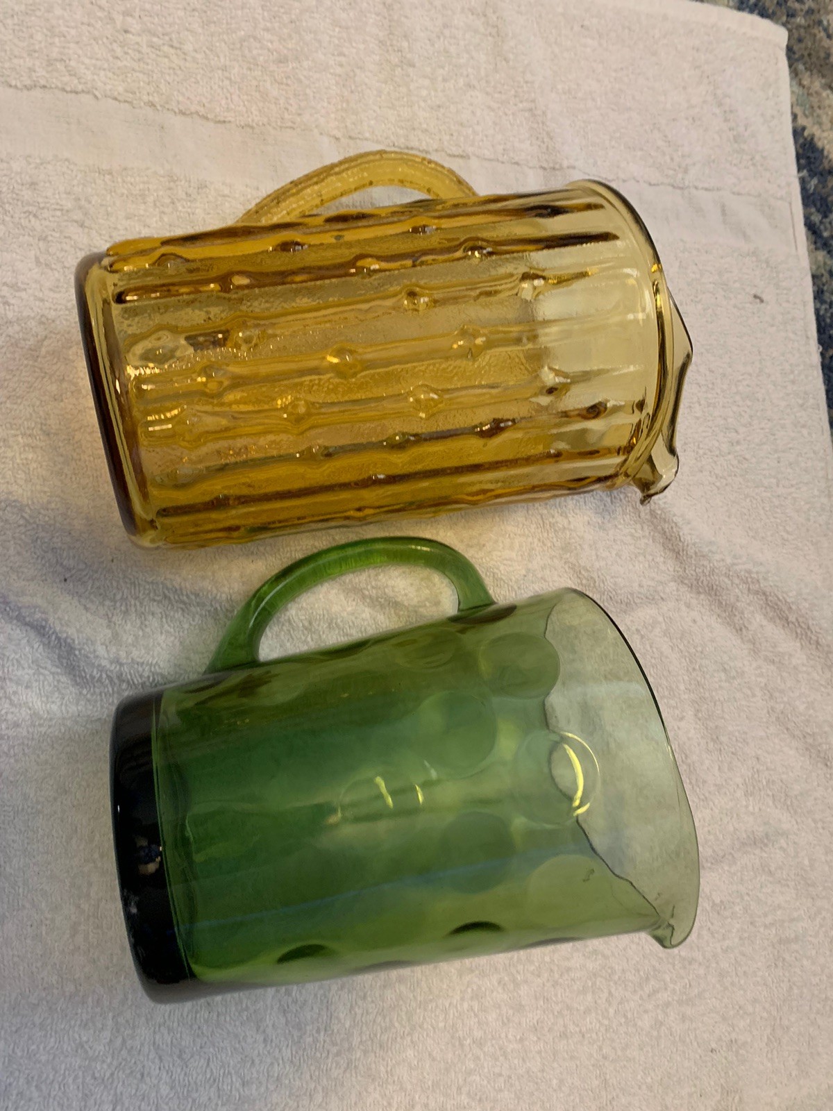 Two/ Anchor Hocking Glass Pitcher TAHITI Bamboo Gold / Green Atlas Coin Dot