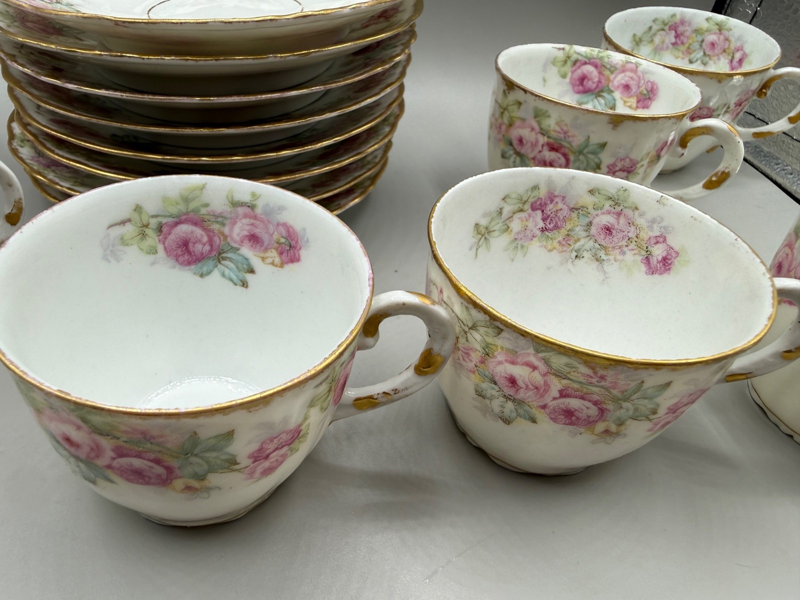 ANTIQUE LIMOGES DEMITASSE SET CUP SAUCER 16PC PINK ROSE FLOWER GARLAND FRANCE