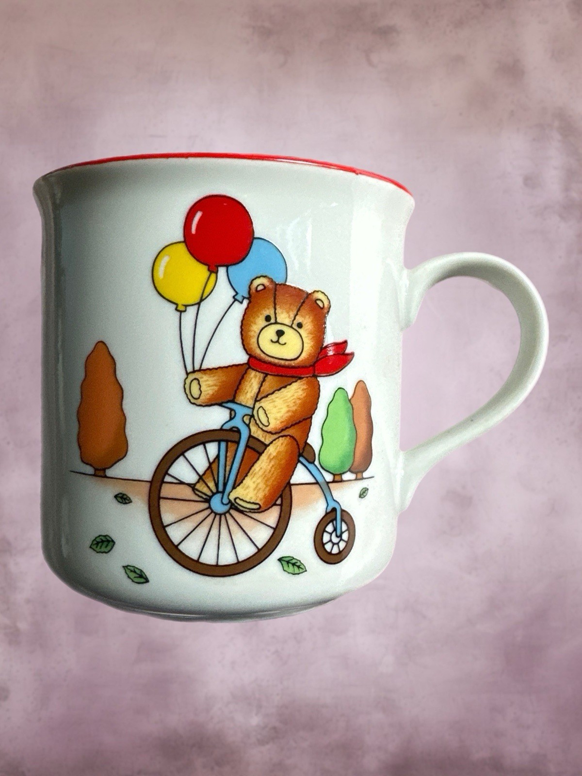 Vtg 80s Bear Coffee Mug Porcelain Colorful Balloons Bicycle Japan EUC