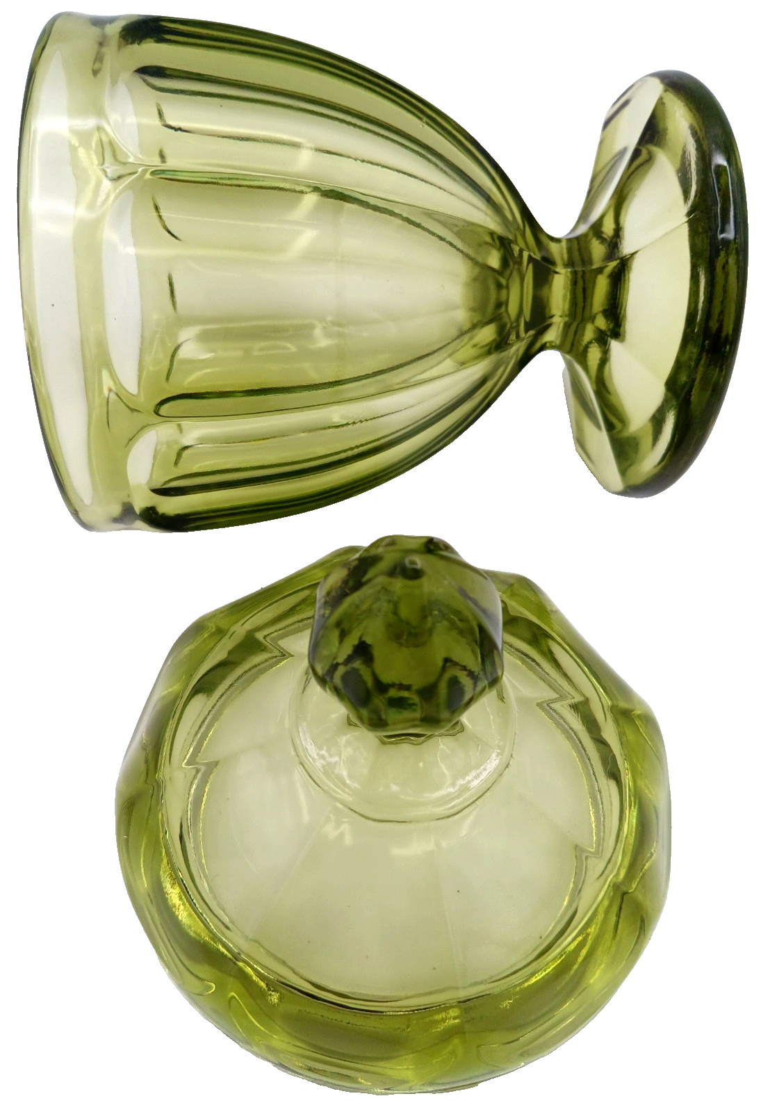 L E Smith? 7.8″ Paneled Olive Green Compote Candy Dish & Matching Lid w/Finial