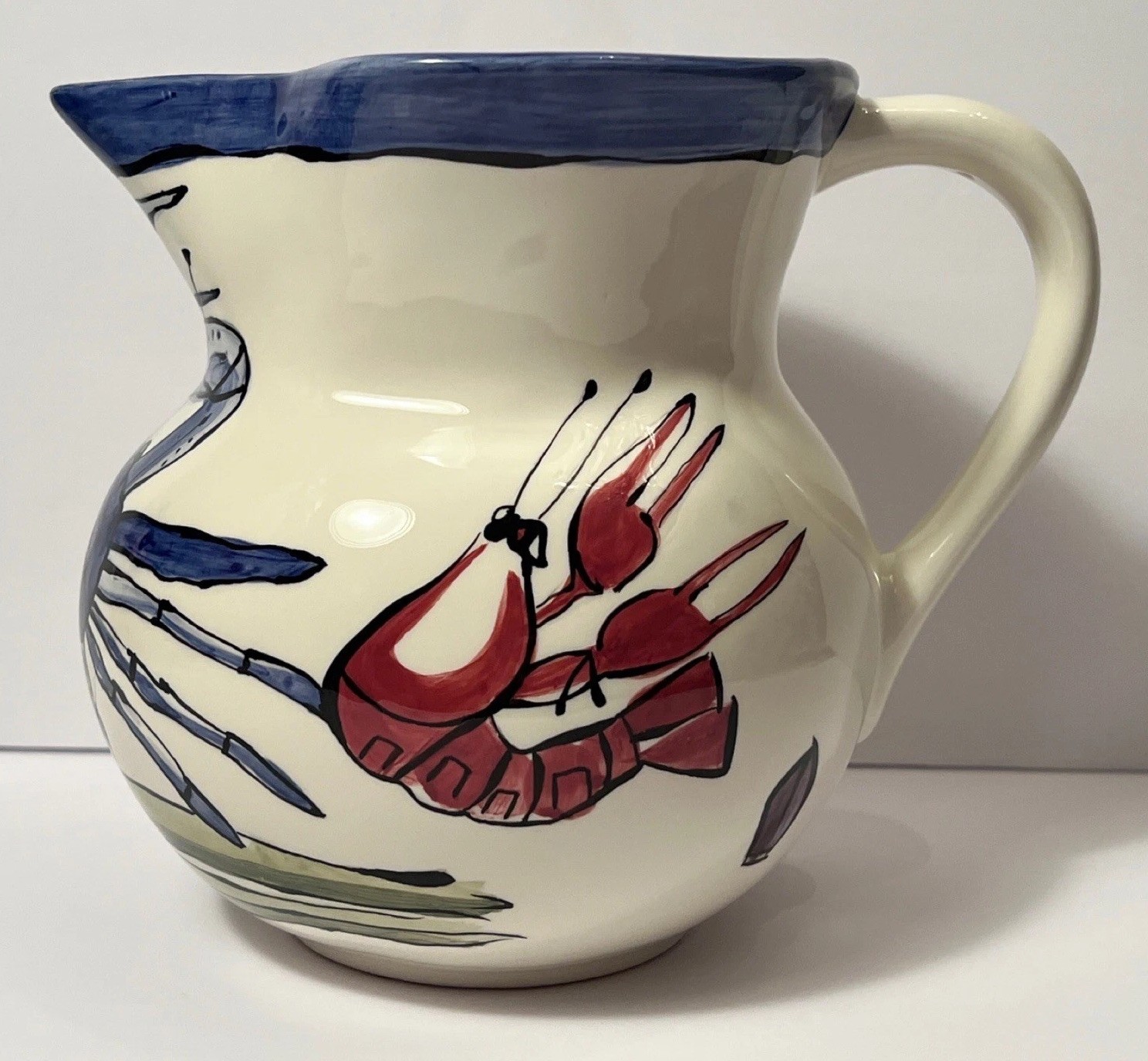 TIKA Seafood Pitcher Crab Shrimp Hand Painted Ceramic Hasslock New Orleans Drink