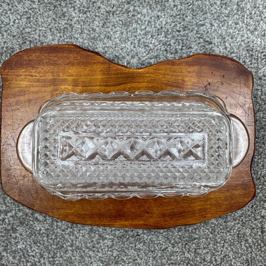 Anchor Hocking Vintage Wexford Cut Glass Covered Butter Dish Diamond XXX Pattern