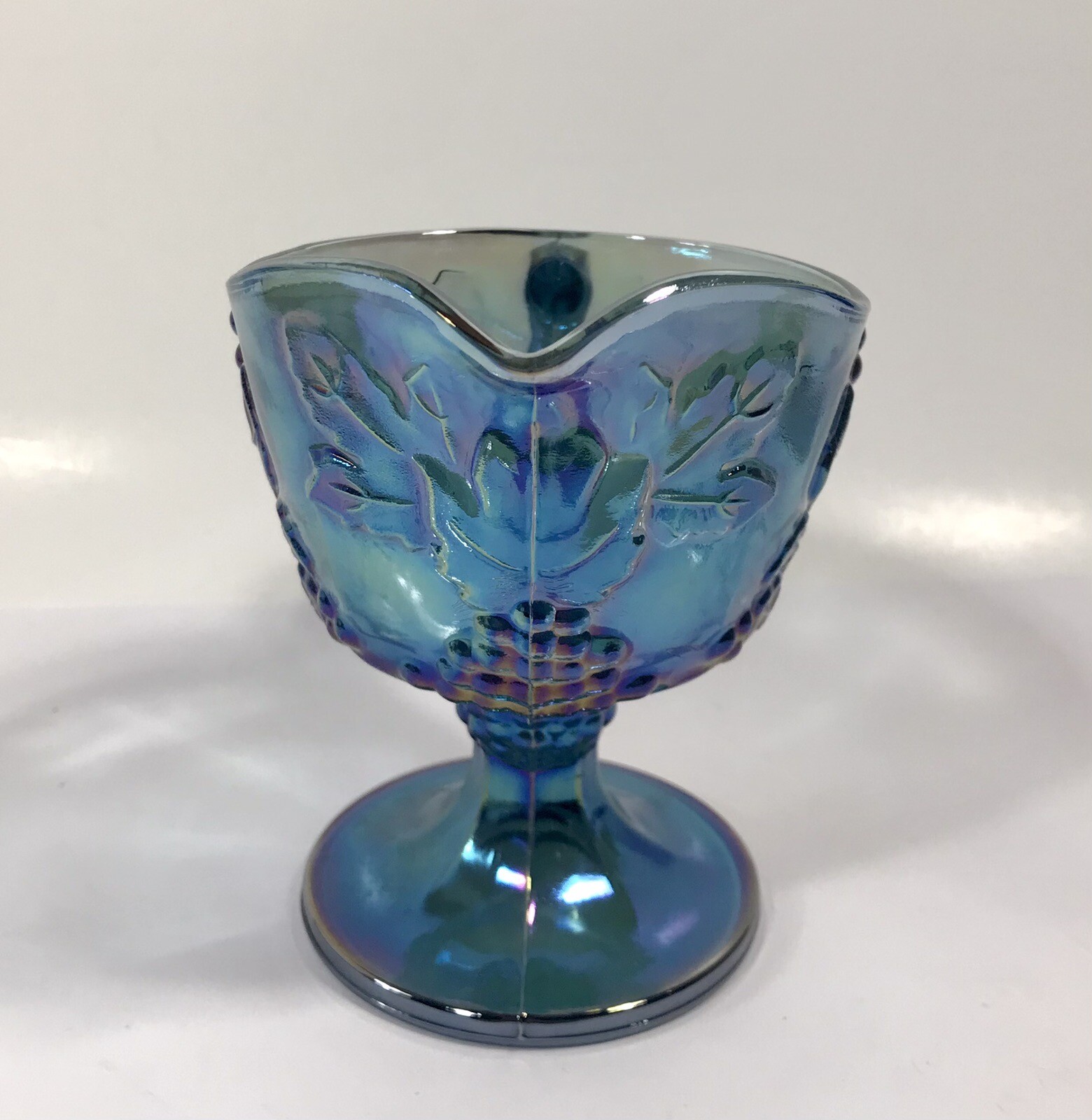 Indiana Carnival Glass Footed Creamer Harvest Grape Blue Pedestal Vintage H16