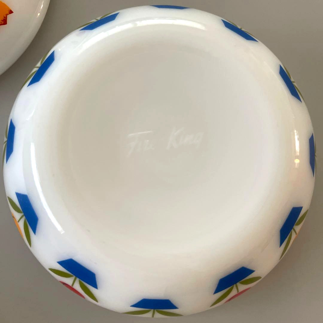 Fire-King 15oz Tulip Bowl Printed Milk Glass Ware Set of 2 Vintage Japan Retro