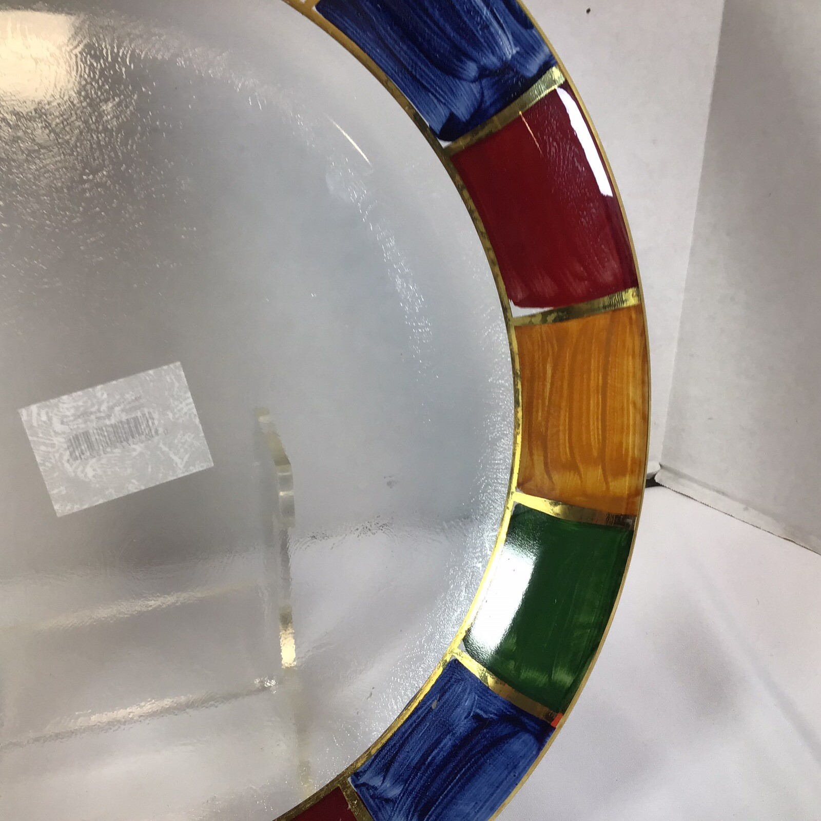 Italian Glass Round Serving Platter Low Bowl Hand Painted Geometric Edges 15”
