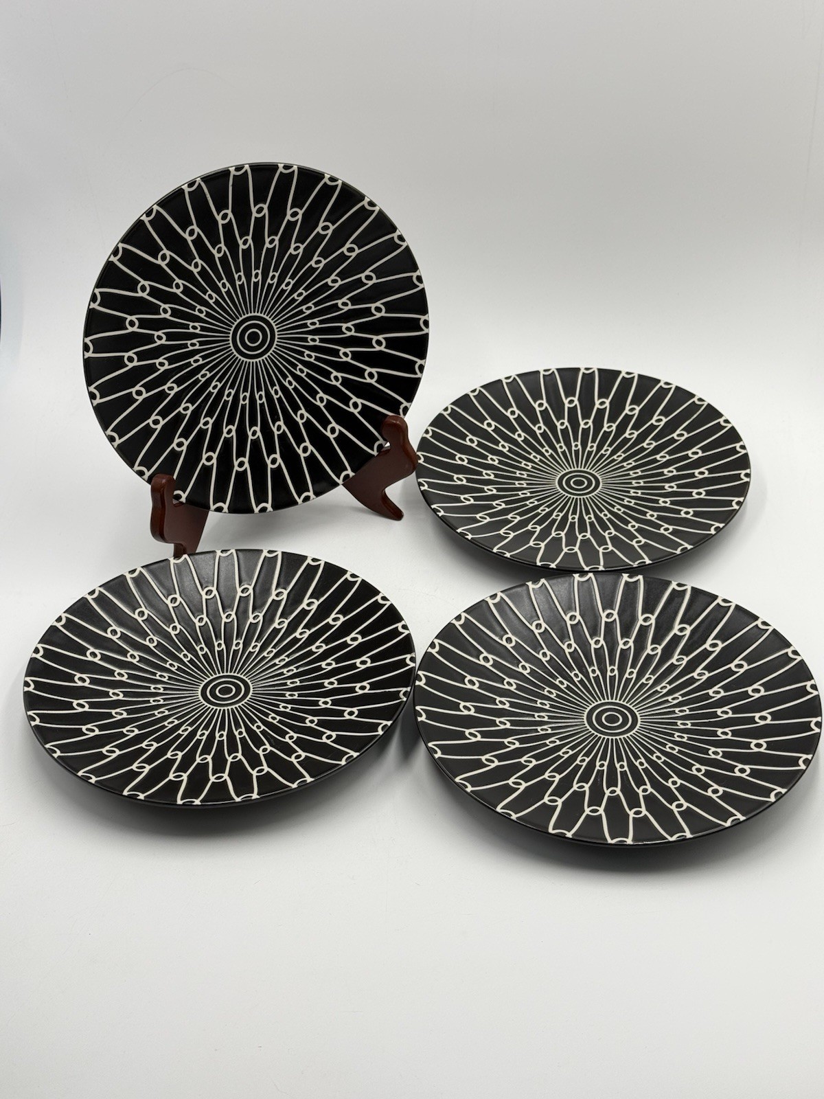 Black White Trellis Grid Pattern Ceramic 8” Four Dessert Appetizer Round Plates
