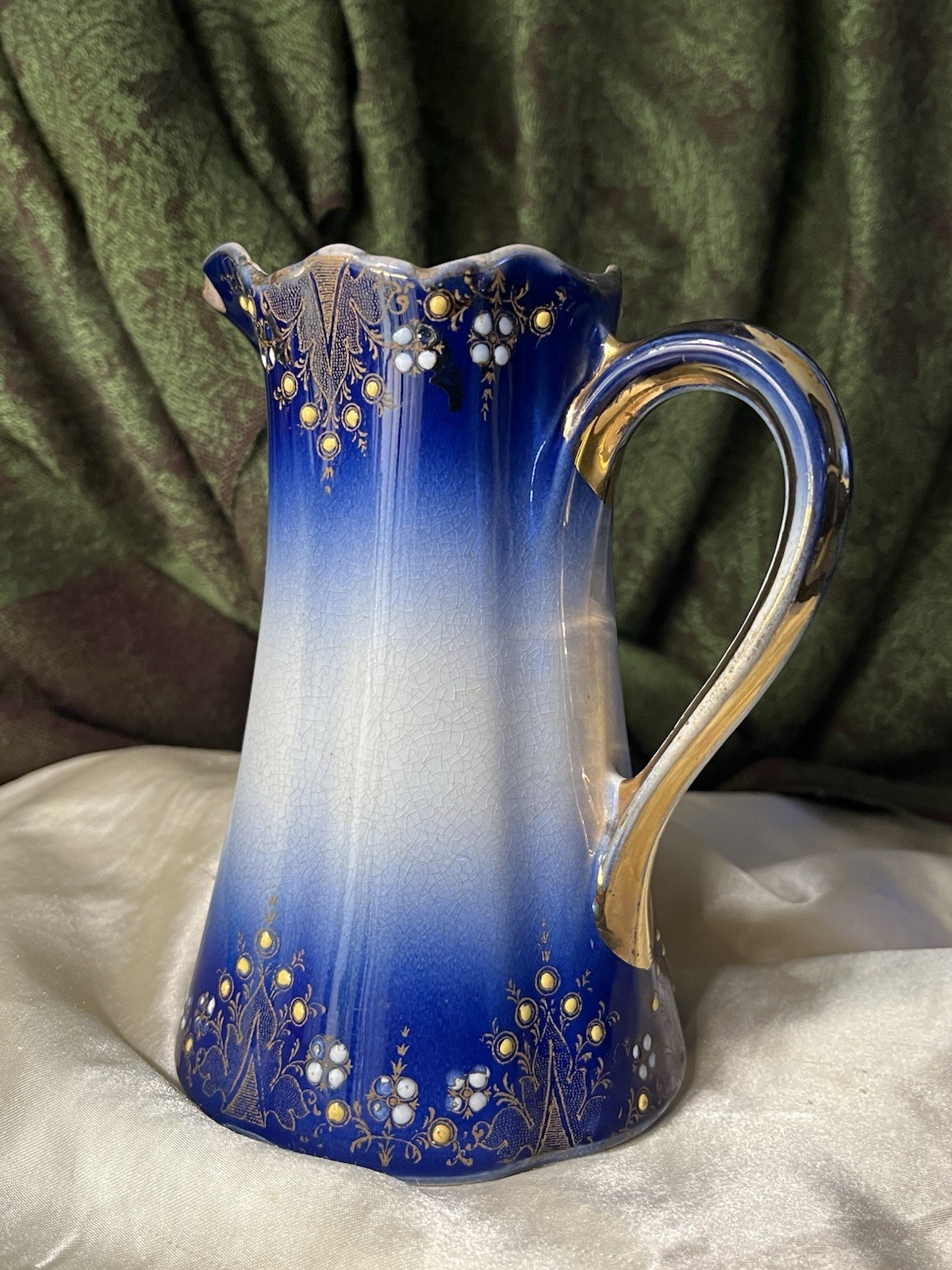 K et G Lunéville Blue White Gold Ceramic Floral Decorative Pitcher France