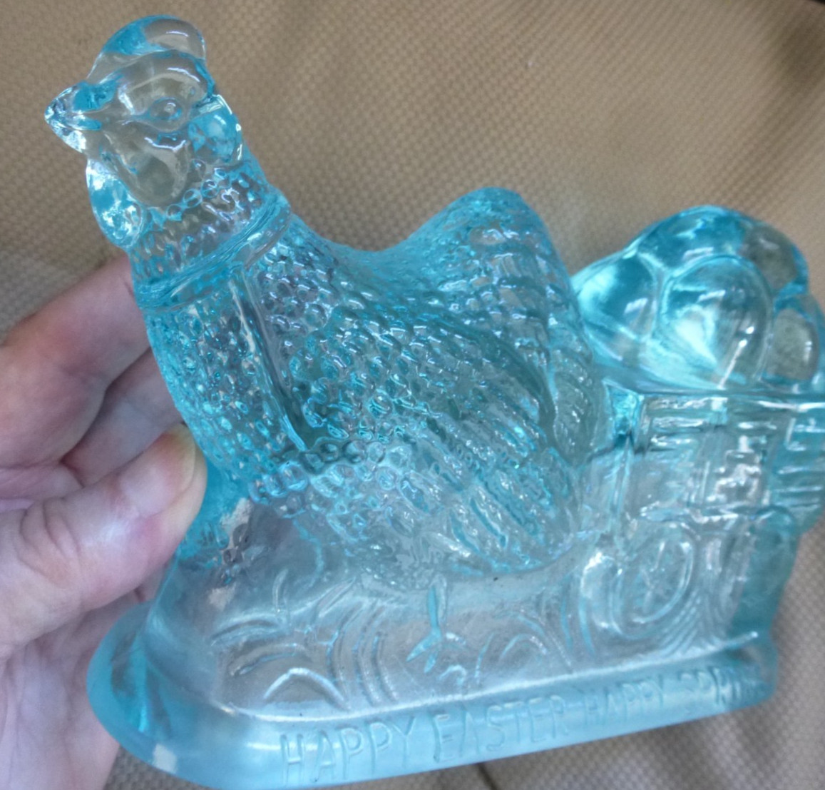 Hen Chicken pulling wagon Aquamarine Blue Glass Candy Dish Top Easter Spring