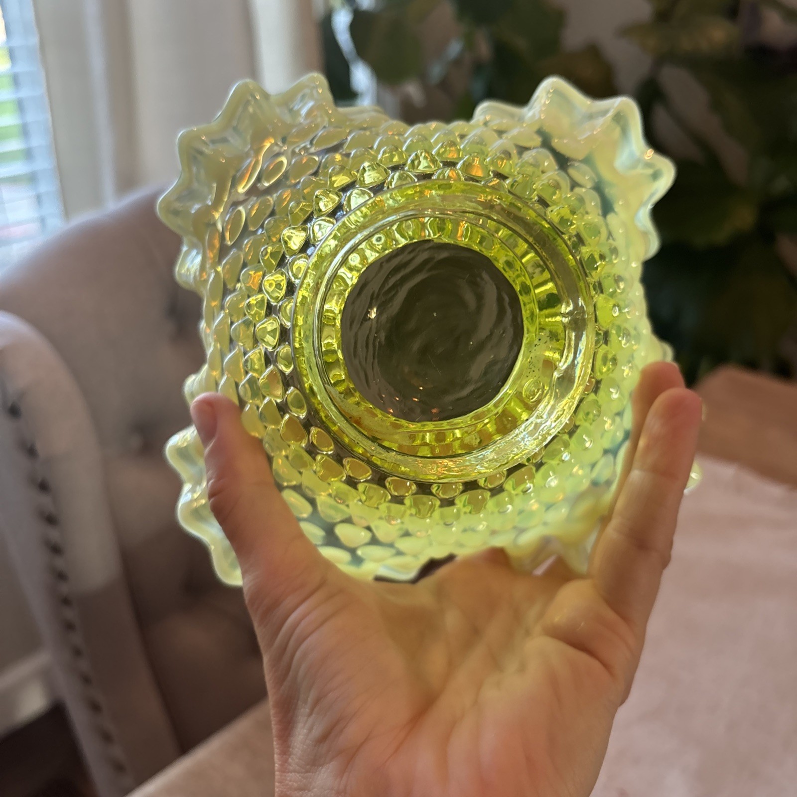 Fenton Vaseline Glass Topaz Opalescent Hobnail Bowl Ruffled Edge 7”