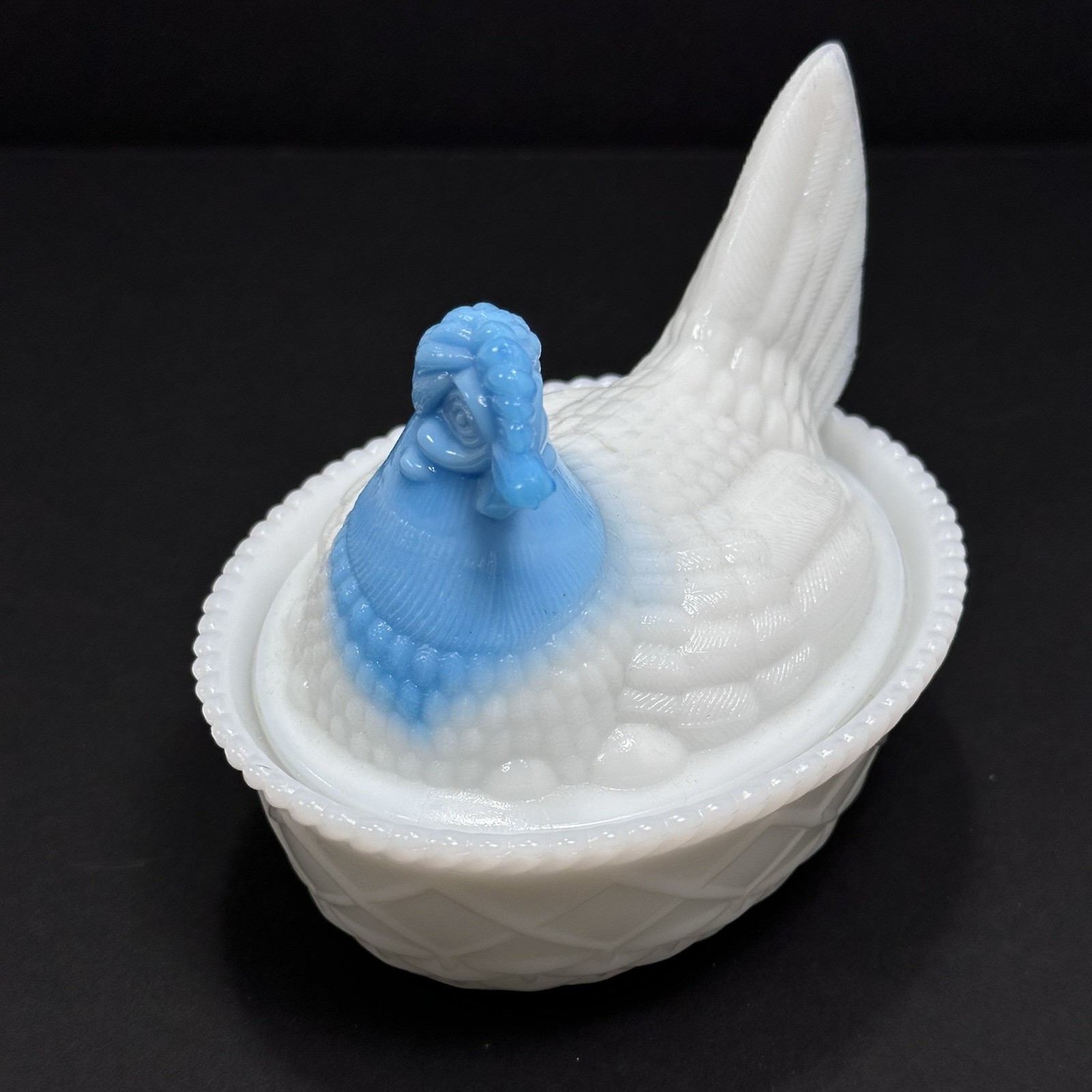 Westmoreland Hen on Nest Milk Glass Blue Slag Head 5.25″ x 4″ Vintage
