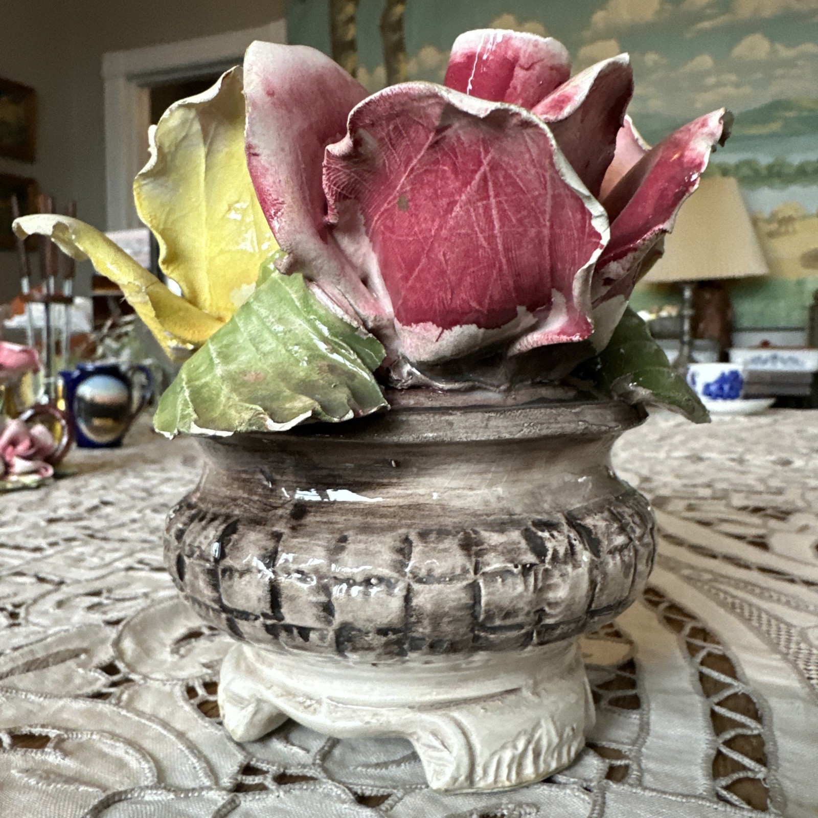 Vintage 1950’s Italian Capodimonte 3 Rose Floral Bouquet Footed Centerpiece