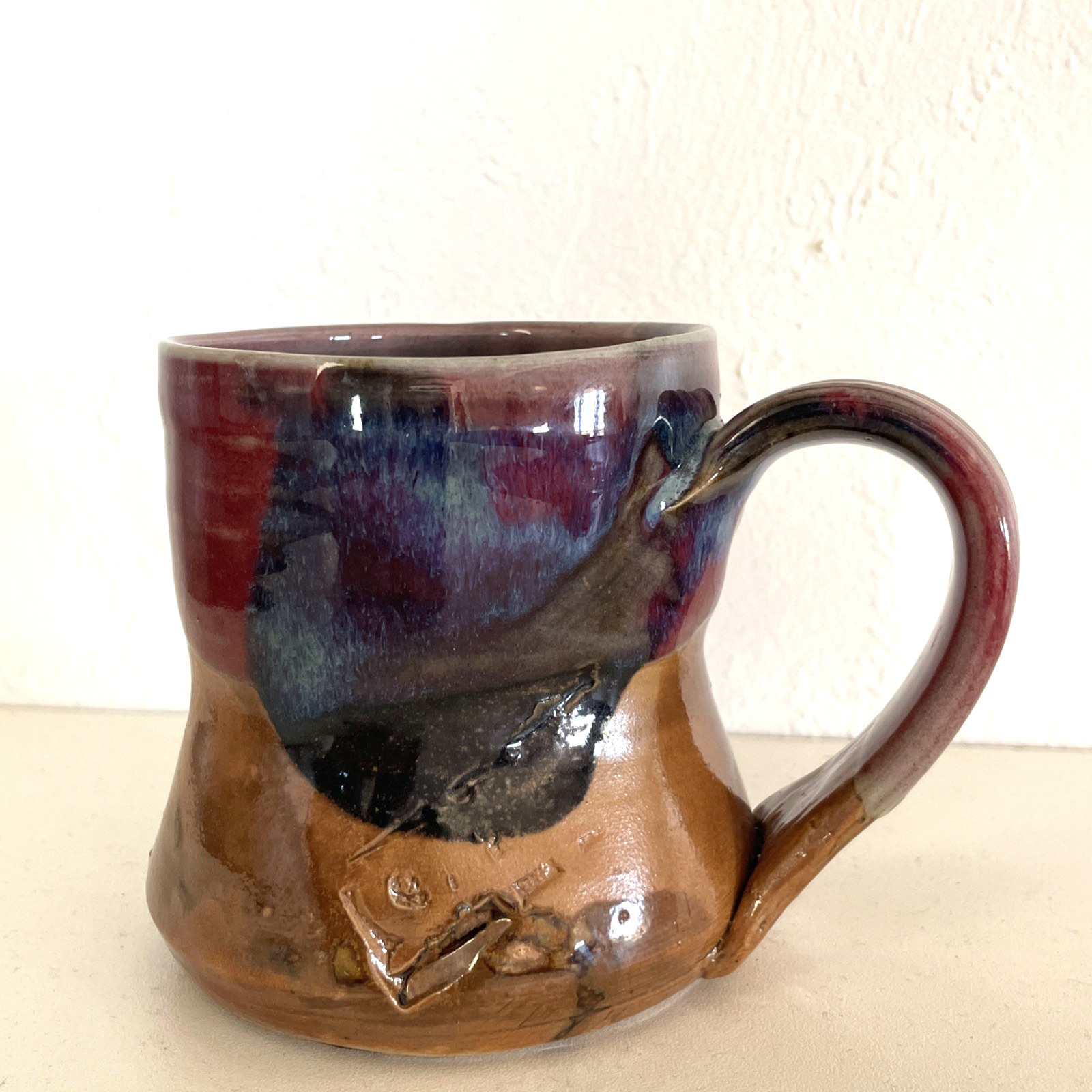 Vtg 15oz Studio Art Pottery Coffee Mug Cup Brown Red Blue Glaze Hand Thrown